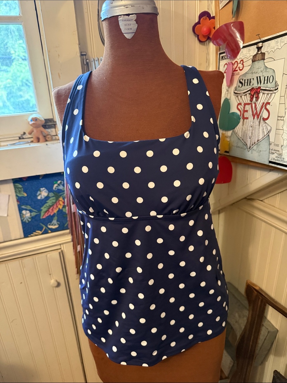 Lands' End Navy Blue Polka Dot Women’s Swim Tankini Top
